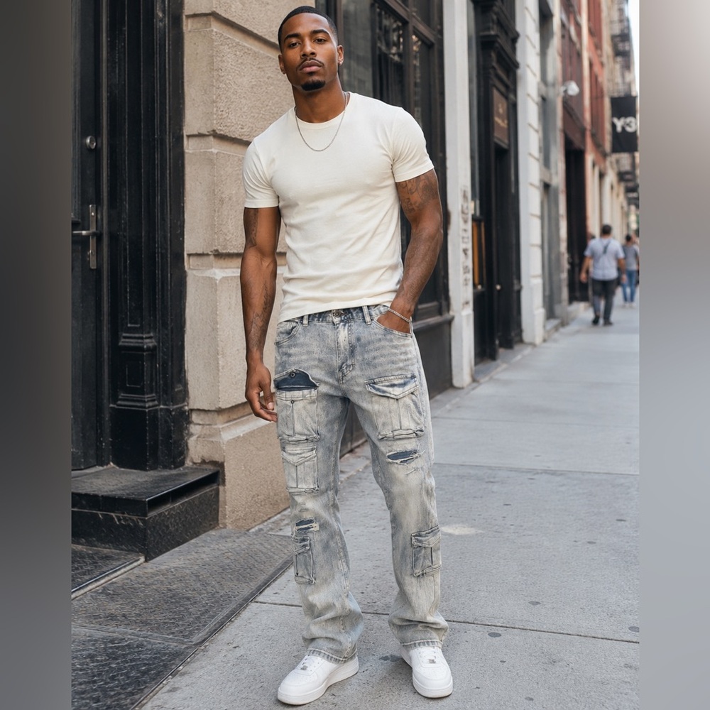 Men’s DECIBEL Faded Cargo Blue Jeans 
10 Pockets | Distressed | Flared | Ripped